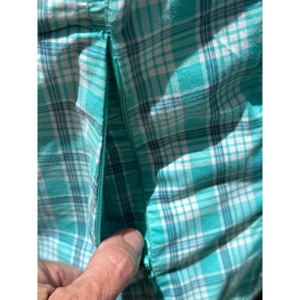 Eddie Bauer Womens Large Turquoise Plaid Button Up Roll Tab Sleeve Hiking Shirt